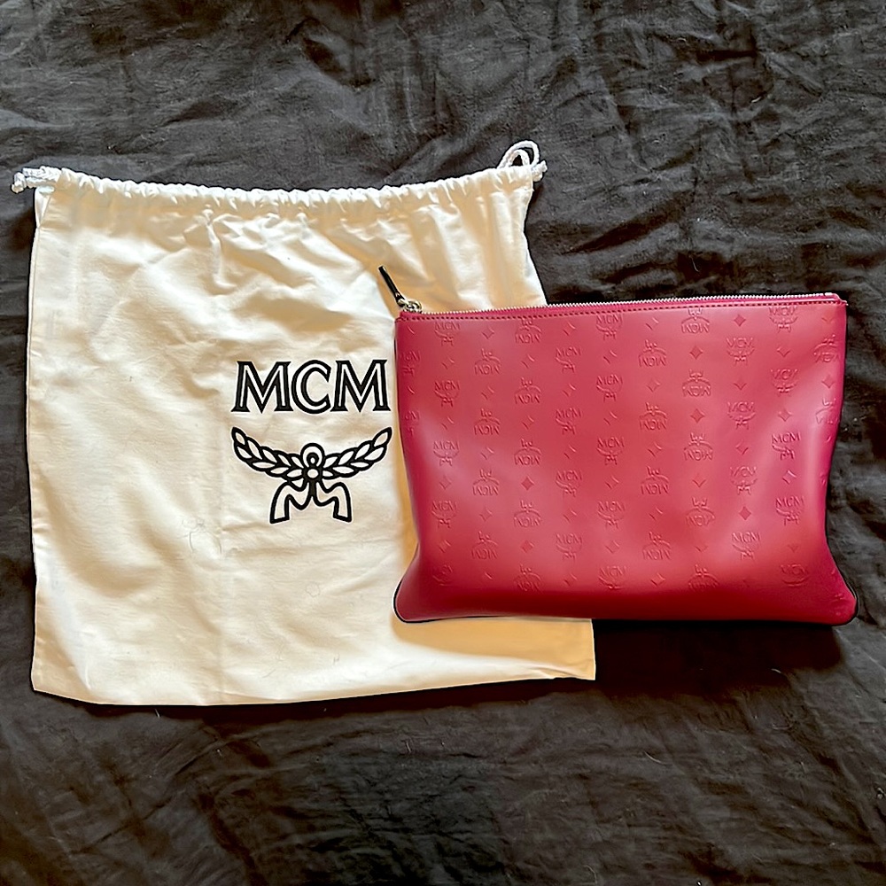 MCM Klara Monogram Leather, Crossbody Pouch, Burgundy